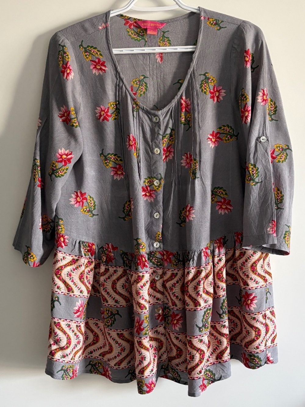 EUC April Cornell  Women’s Fleur Tunic Blouse 3/4-Length Button-Down Sz Small
